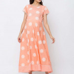 Peach-Coloured Printed Fit and Flare Maternity Feeding Nursing Dress