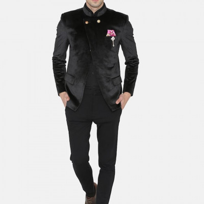 Men Black Solid Regular Fit Bandhgala Blazer