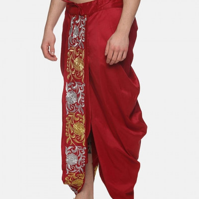 Men Maroon Embroidered Dhotis Pants