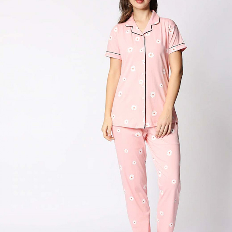 Women Peach Pure Cotton Printed Night Suit