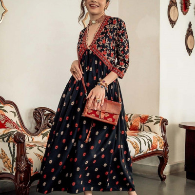 Black & Orange Ethnic Motifs Printed Maxi Dress