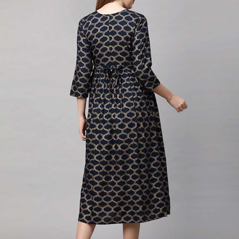 Navy Blue & Gold-Toned Geometric Printed Maternity Nursing A-Line Midi Dress