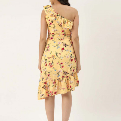 Beige & Red Floral One Shoulder A-Line Dress