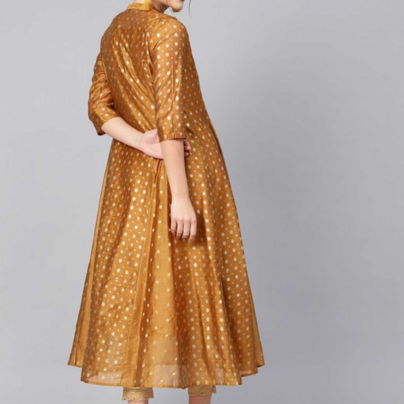 Women Mustard Brown & Golden Printed Anarkali Layered Kurta